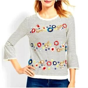Talbots Beaded Embroidered Stripe Bell Sleeve Sweater Size MP Petite Black Cream